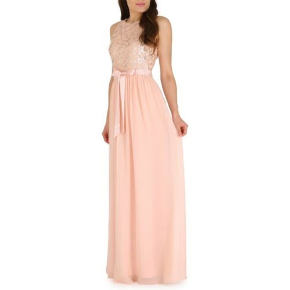Belle Badgley Mischka Pink Sequined Chiffon Tie Waist Maxi Formal Gown Size 4